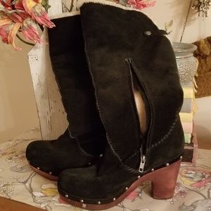 Tall UGG Black Suede Leather Shearling Boots